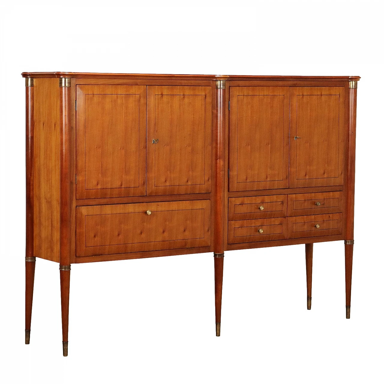 Credenza ad ante, ribalta e cassetti in ciliegio ed ottone, anni '50 1