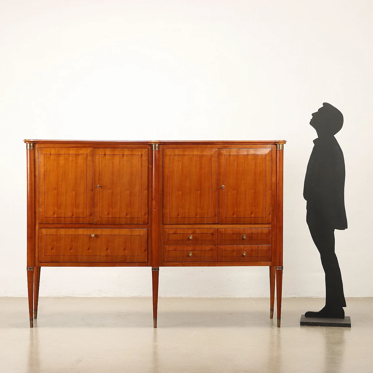 Credenza ad ante, ribalta e cassetti in ciliegio ed ottone, anni '50 2