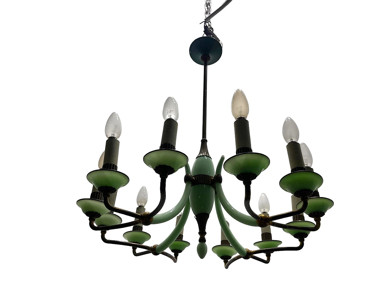 Bronze and opaline glass chandelier, 1950s 1