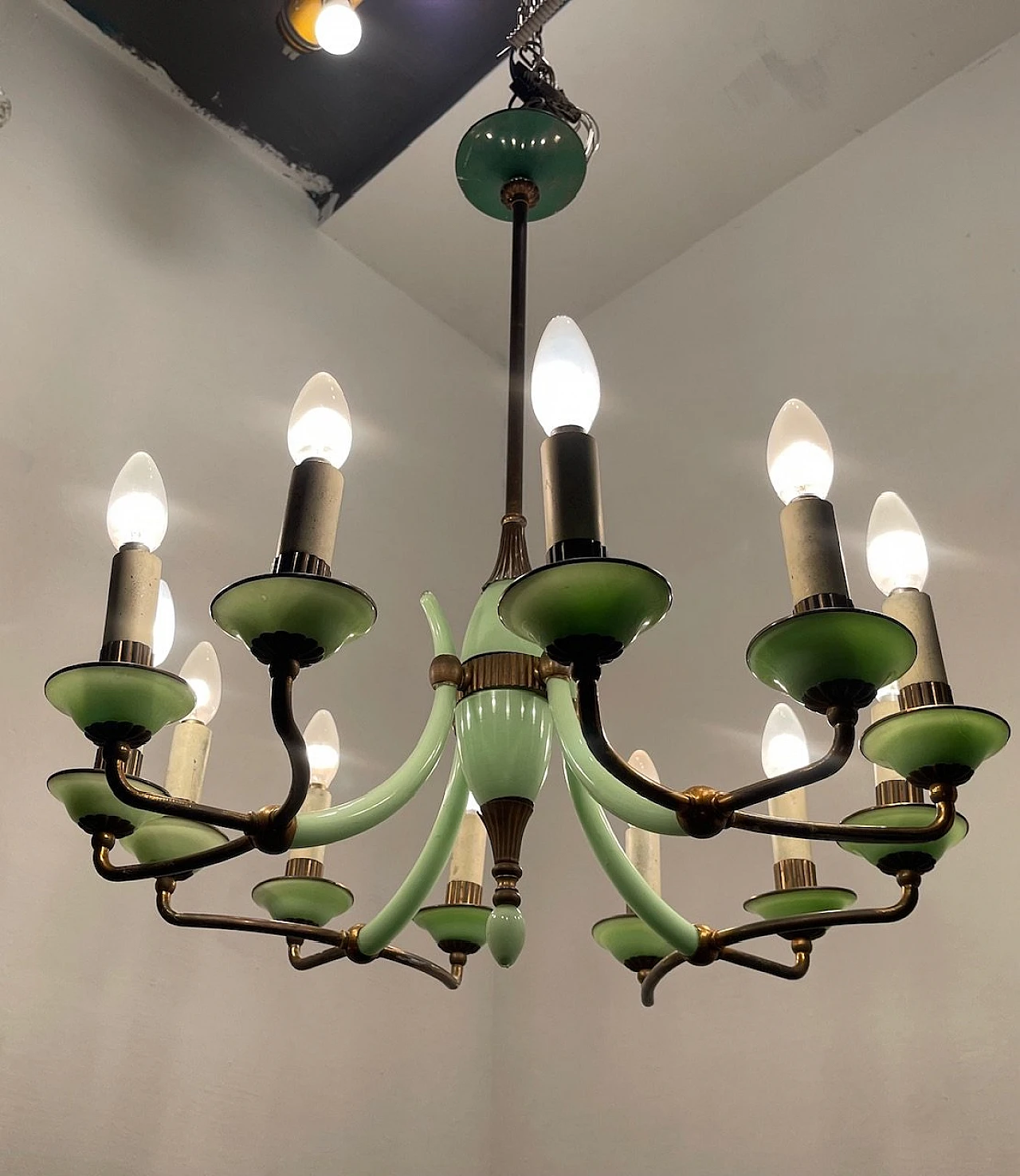 Bronze and opaline glass chandelier, 1950s 2