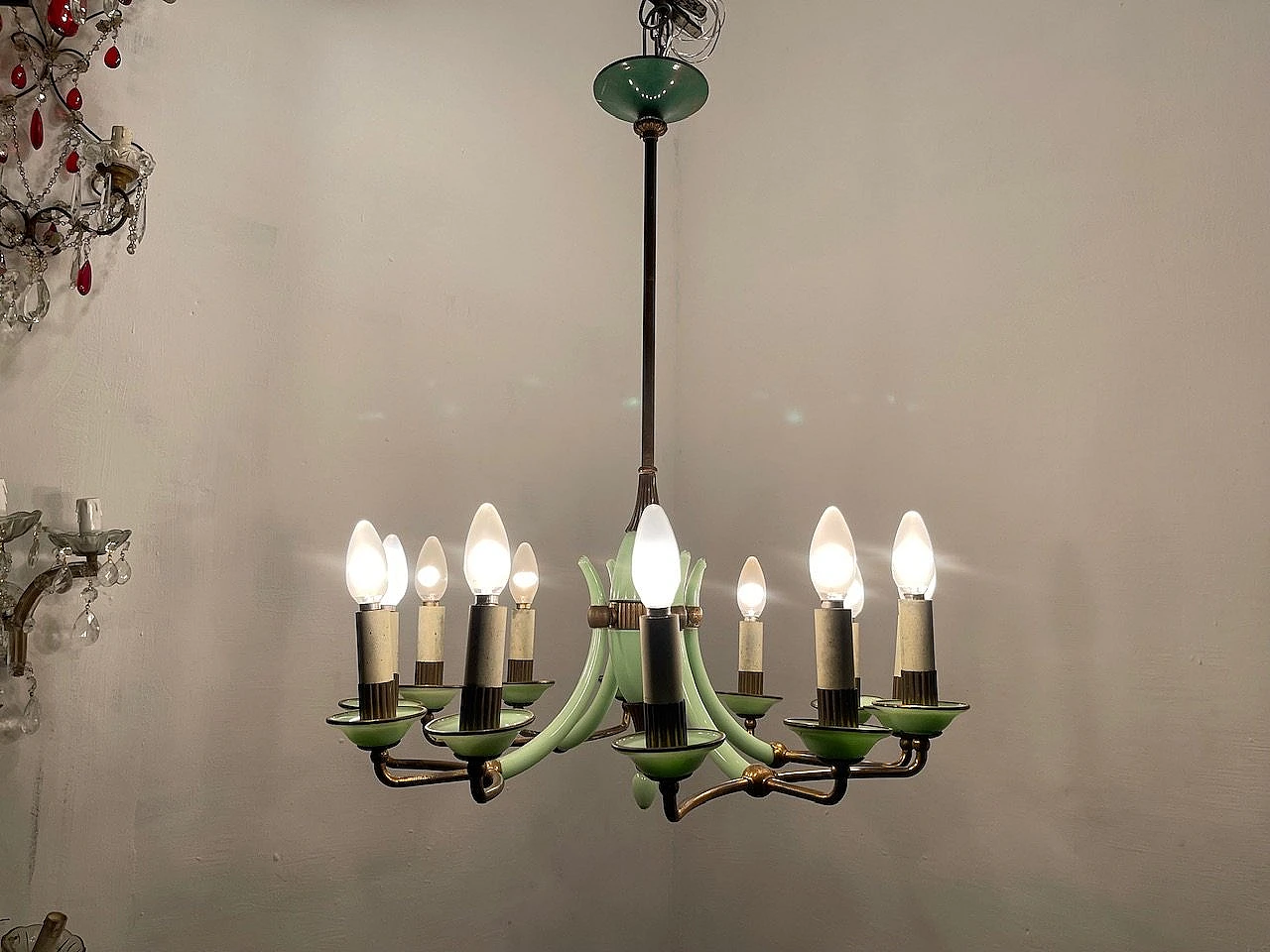 Bronze and opaline glass chandelier, 1950s 3