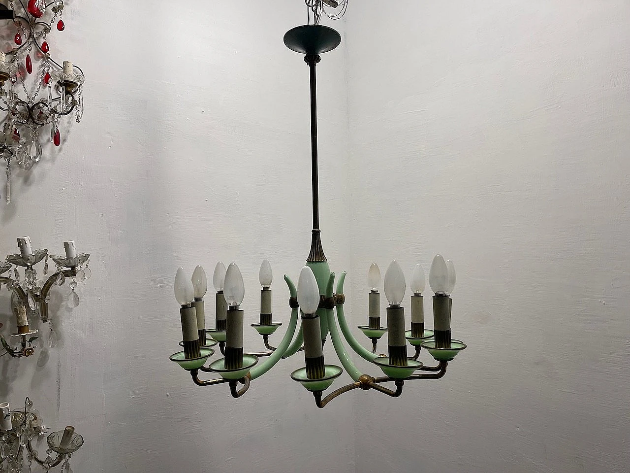 Bronze and opaline glass chandelier, 1950s 8