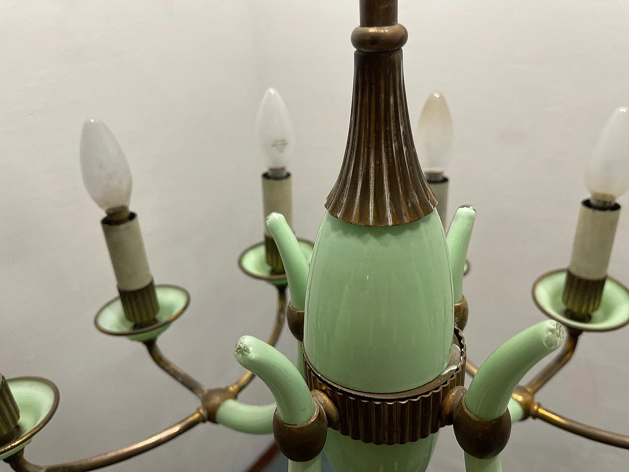 Bronze and opaline glass chandelier, 1950s 10