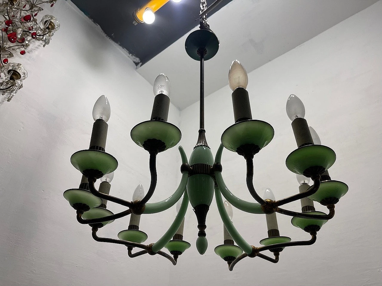 Bronze and opaline glass chandelier, 1950s 11