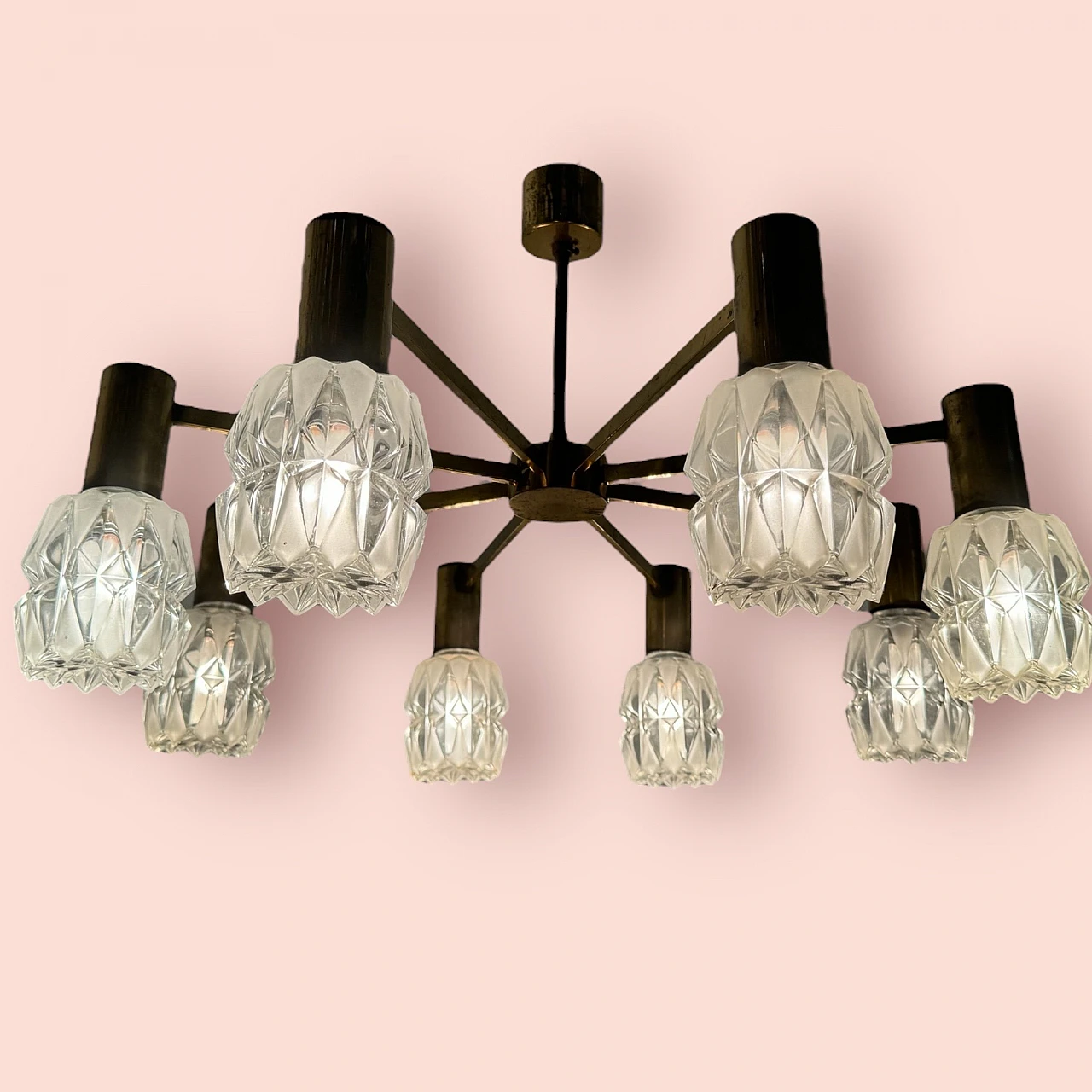 Brass and crystal chandelier by Kaiser Idell, 1960s 3