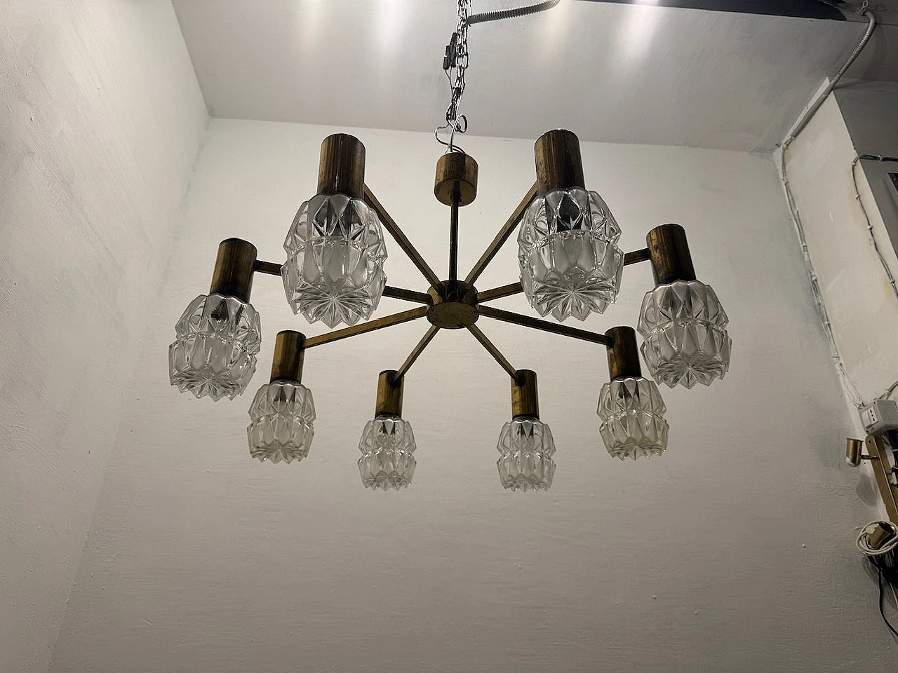 Brass and crystal chandelier by Kaiser Idell, 1960s 8