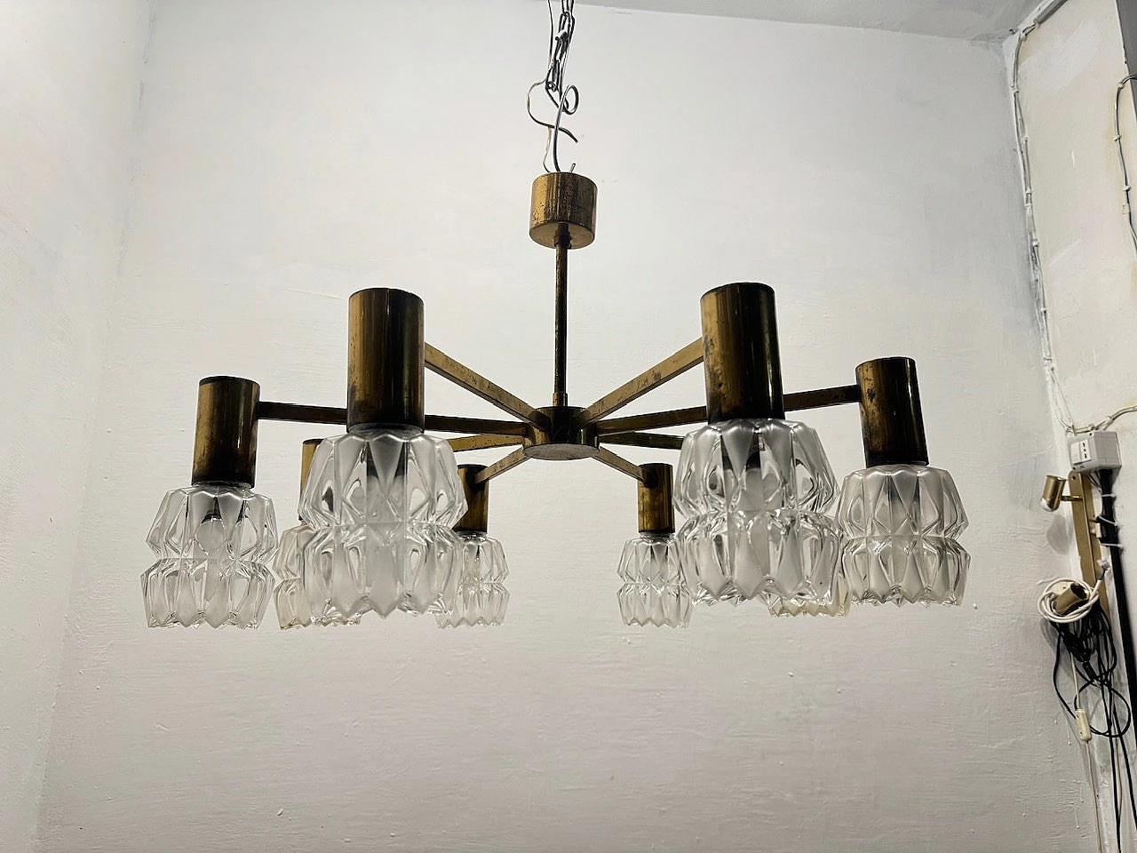 Brass and crystal chandelier by Kaiser Idell, 1960s 11