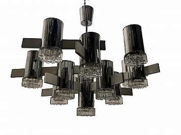 15-light chrome-plated crystal chandelier by G. Sciolari, 1970s