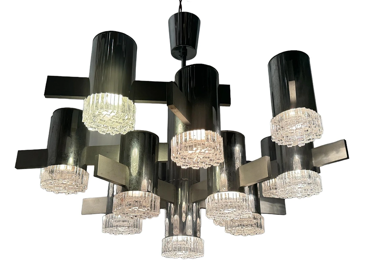 15-light chrome-plated crystal chandelier by G. Sciolari, 1970s 4