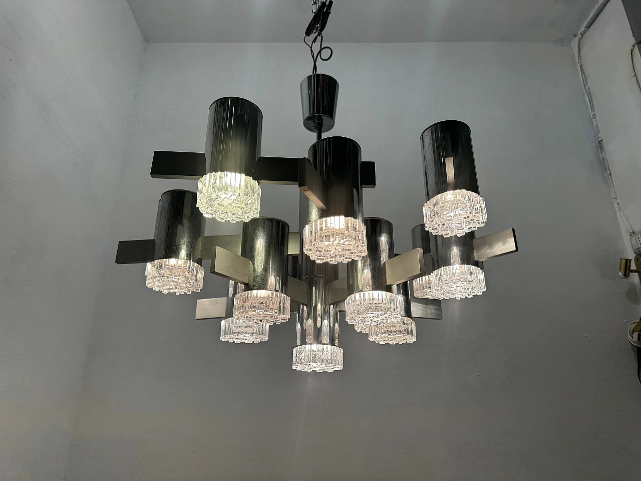 15-light chrome-plated crystal chandelier by G. Sciolari, 1970s 6