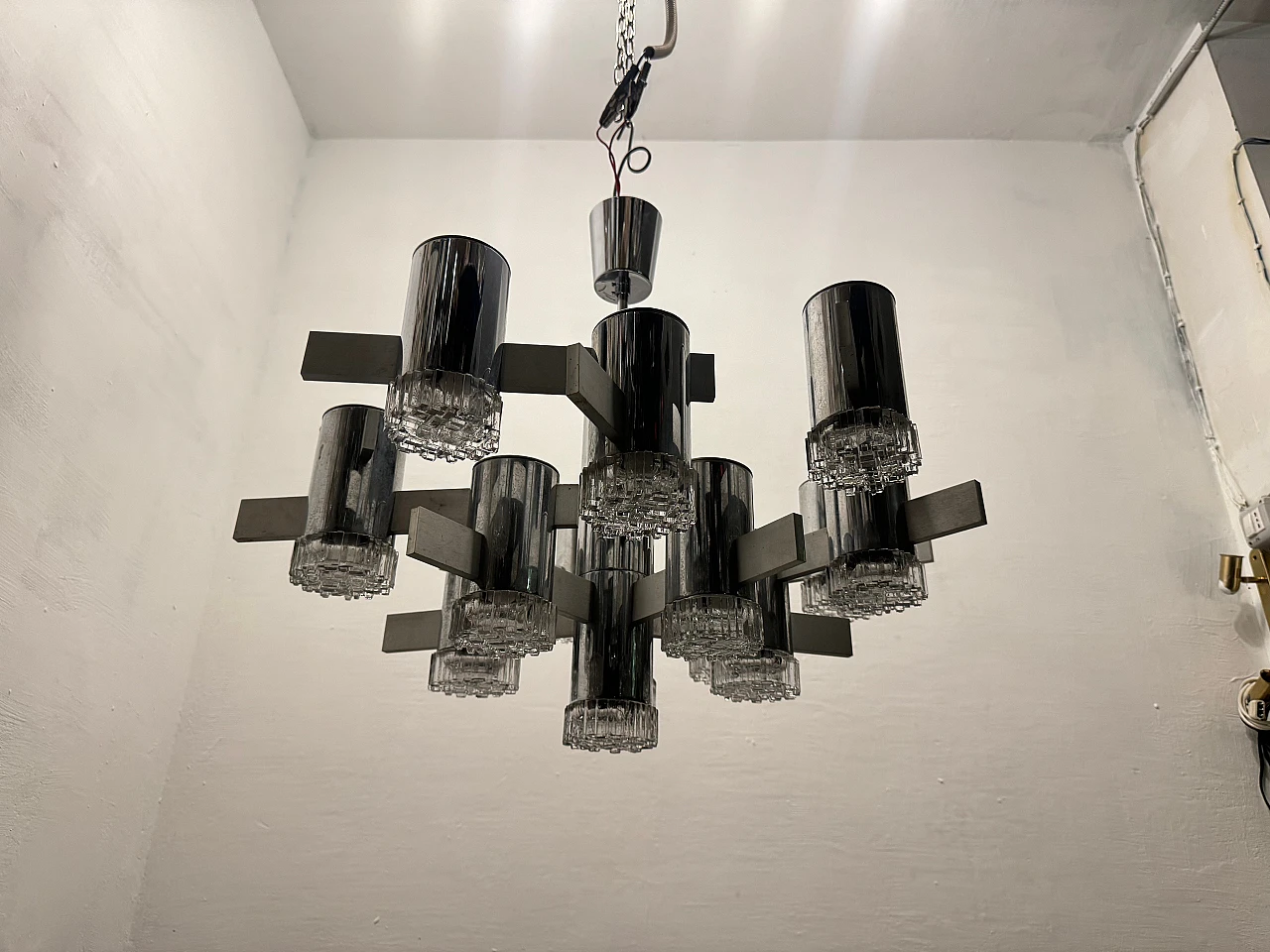 15-light chrome-plated crystal chandelier by G. Sciolari, 1970s 7