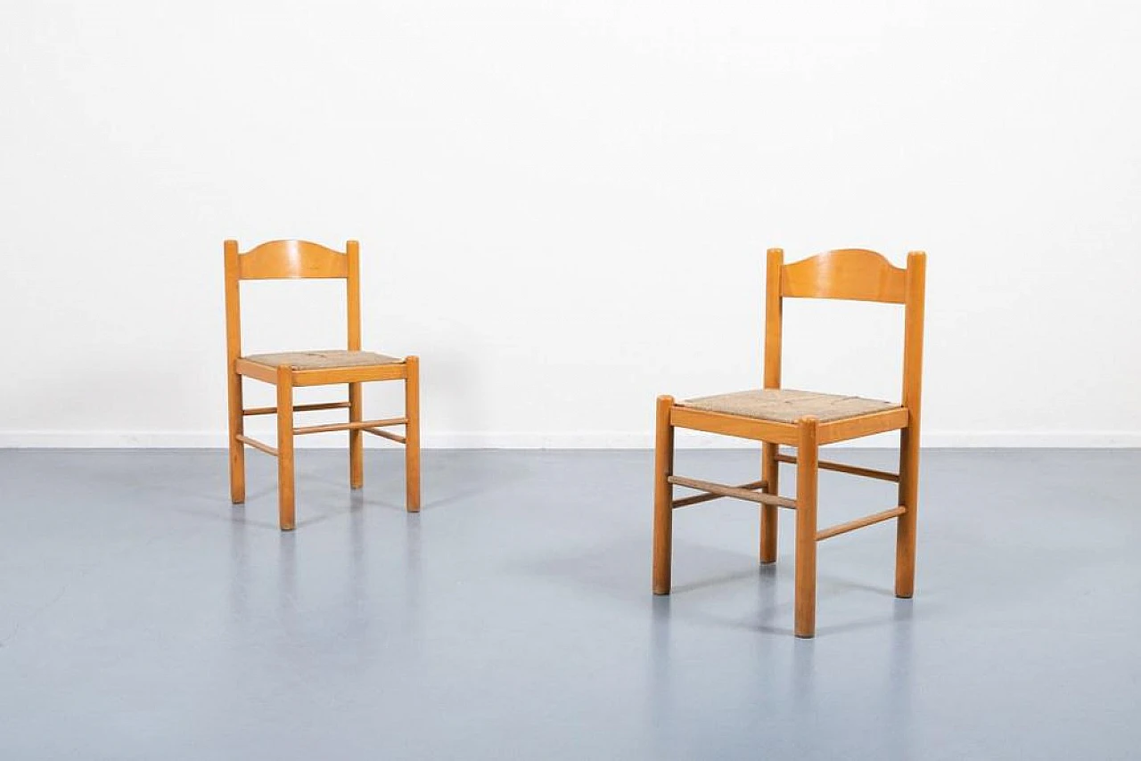 Pair of architectural chairs in wood and fabric, 1960s 1