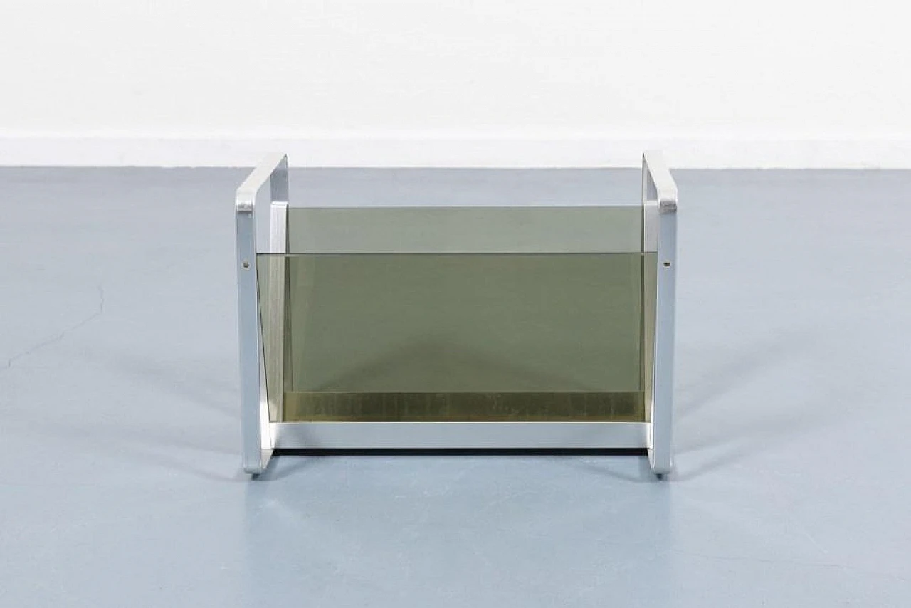 Mid-Century magazine rack in aluminum and smoked glass, 1960s 1