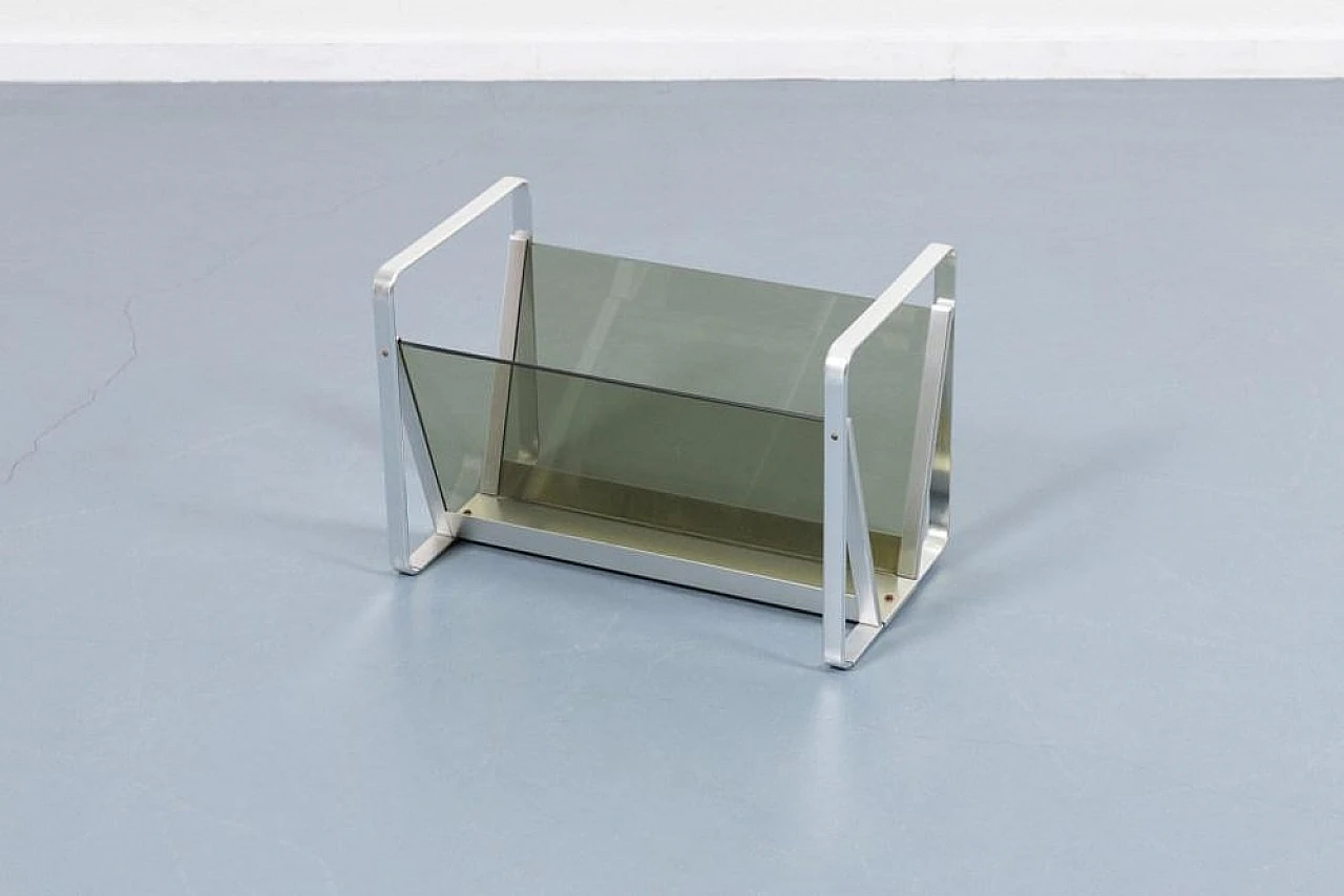 Mid-Century magazine rack in aluminum and smoked glass, 1960s 2