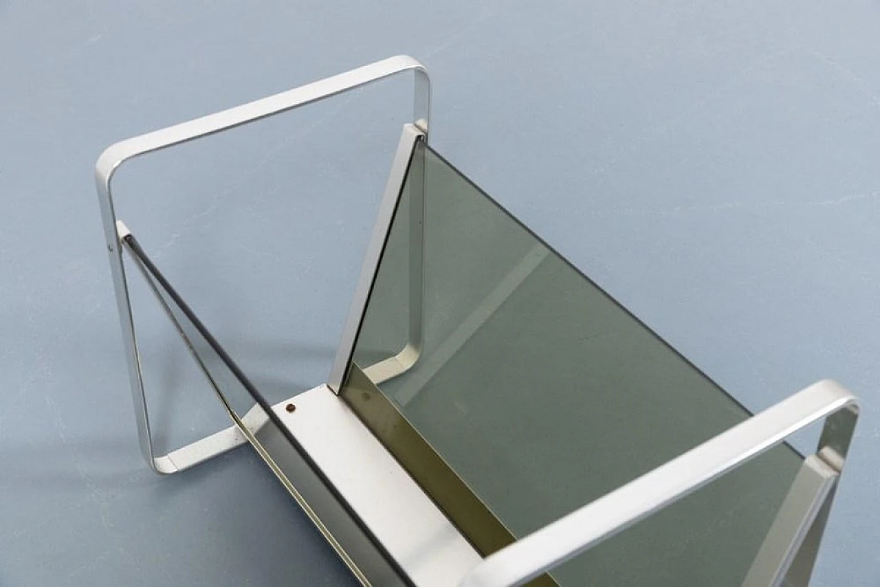 Mid-Century magazine rack in aluminum and smoked glass, 1960s 4