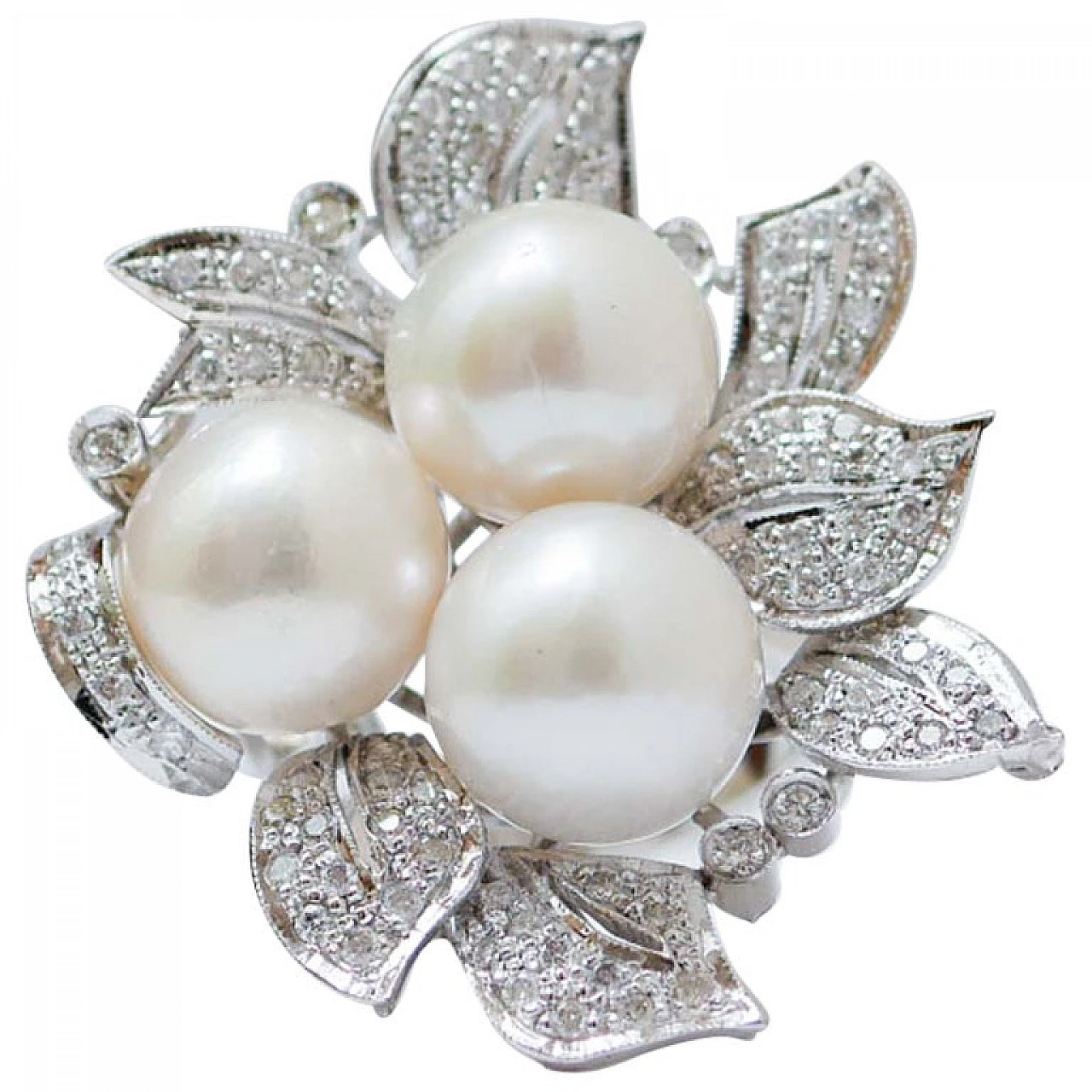 White Pearls, Diamonds, Platinum Ring, 60s 1