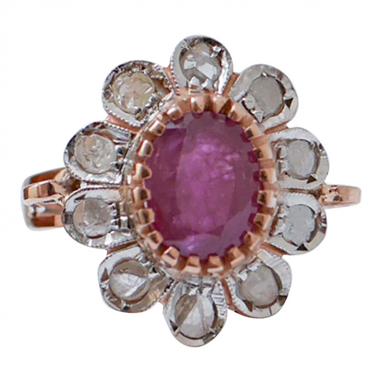 Ruby, Diamonds, Rose Gold and Silver Flower Ring, 60s 1