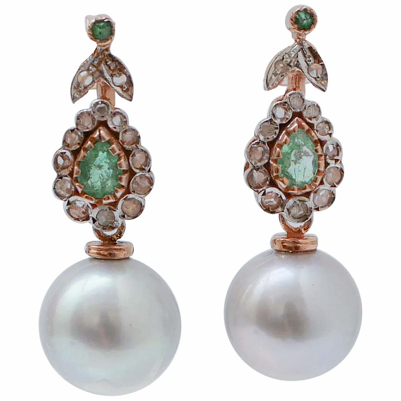 Grey Pearls, Emeralds, Diamonds, Rose Gold and Silver Earrings. 1