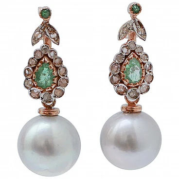 Grey Pearls, Emeralds, Diamonds, Rose Gold and Silver Earrings.