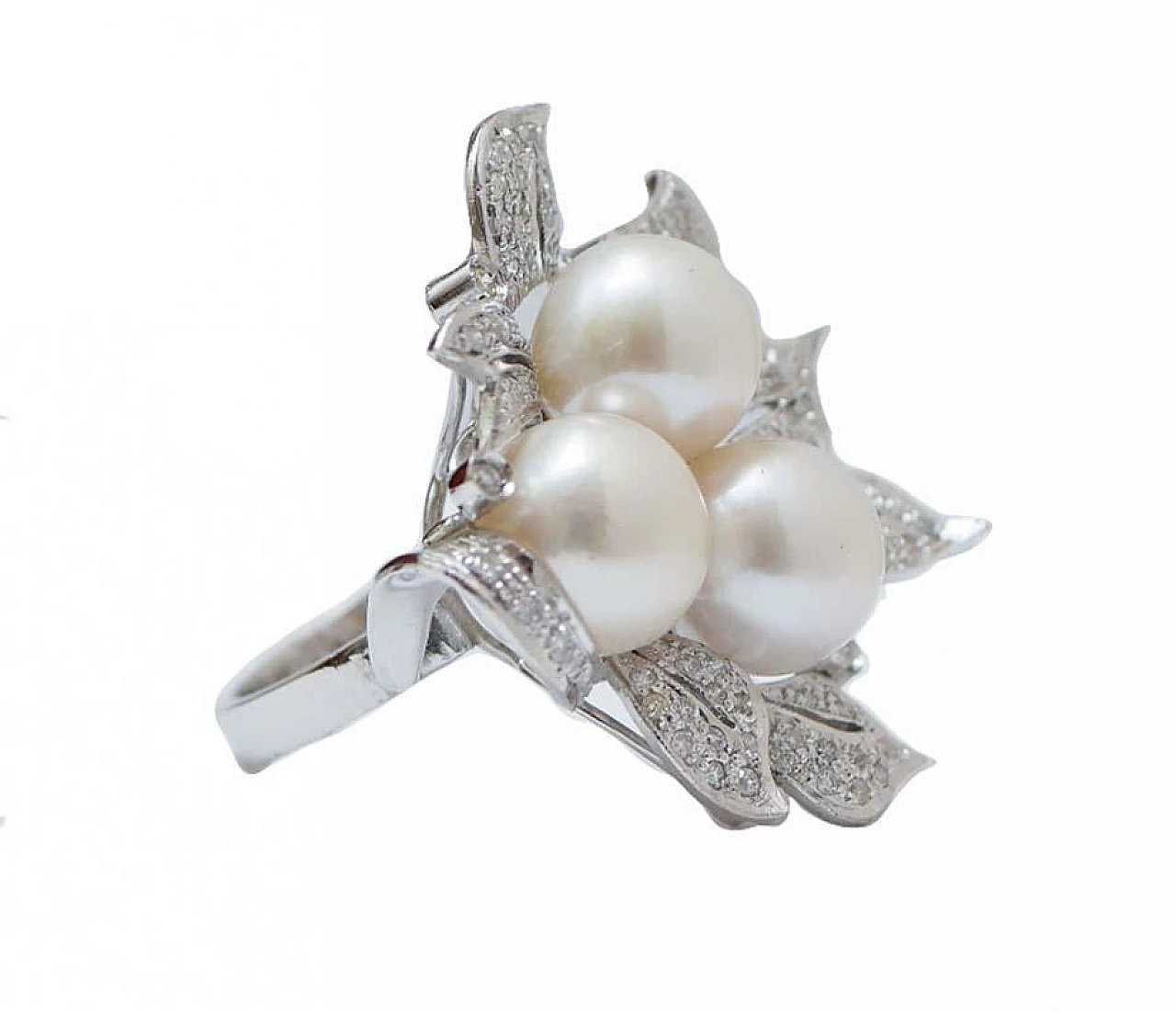 White Pearls, Diamonds, Platinum Ring, 60s 2