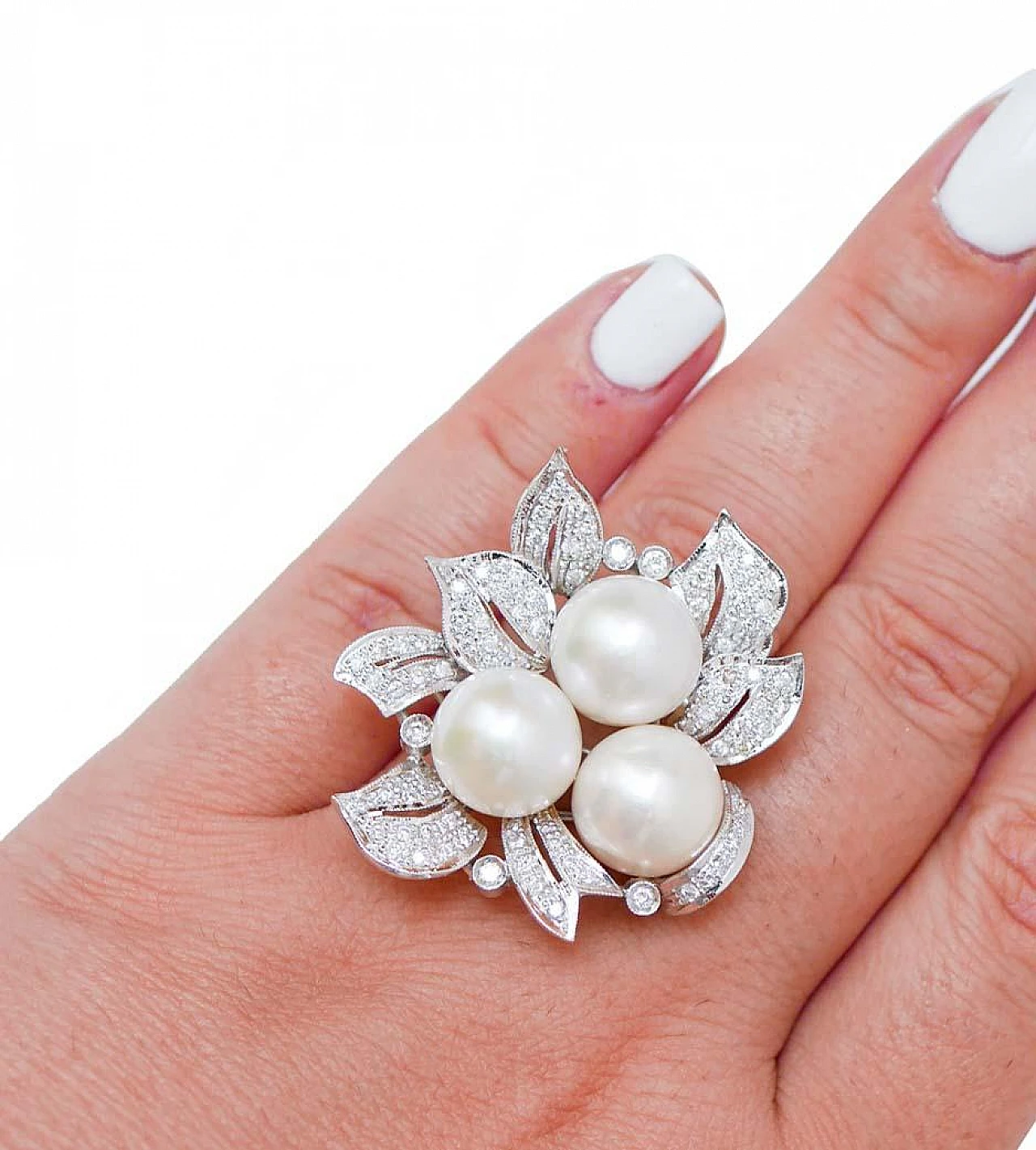 White Pearls, Diamonds, Platinum Ring, 60s 5