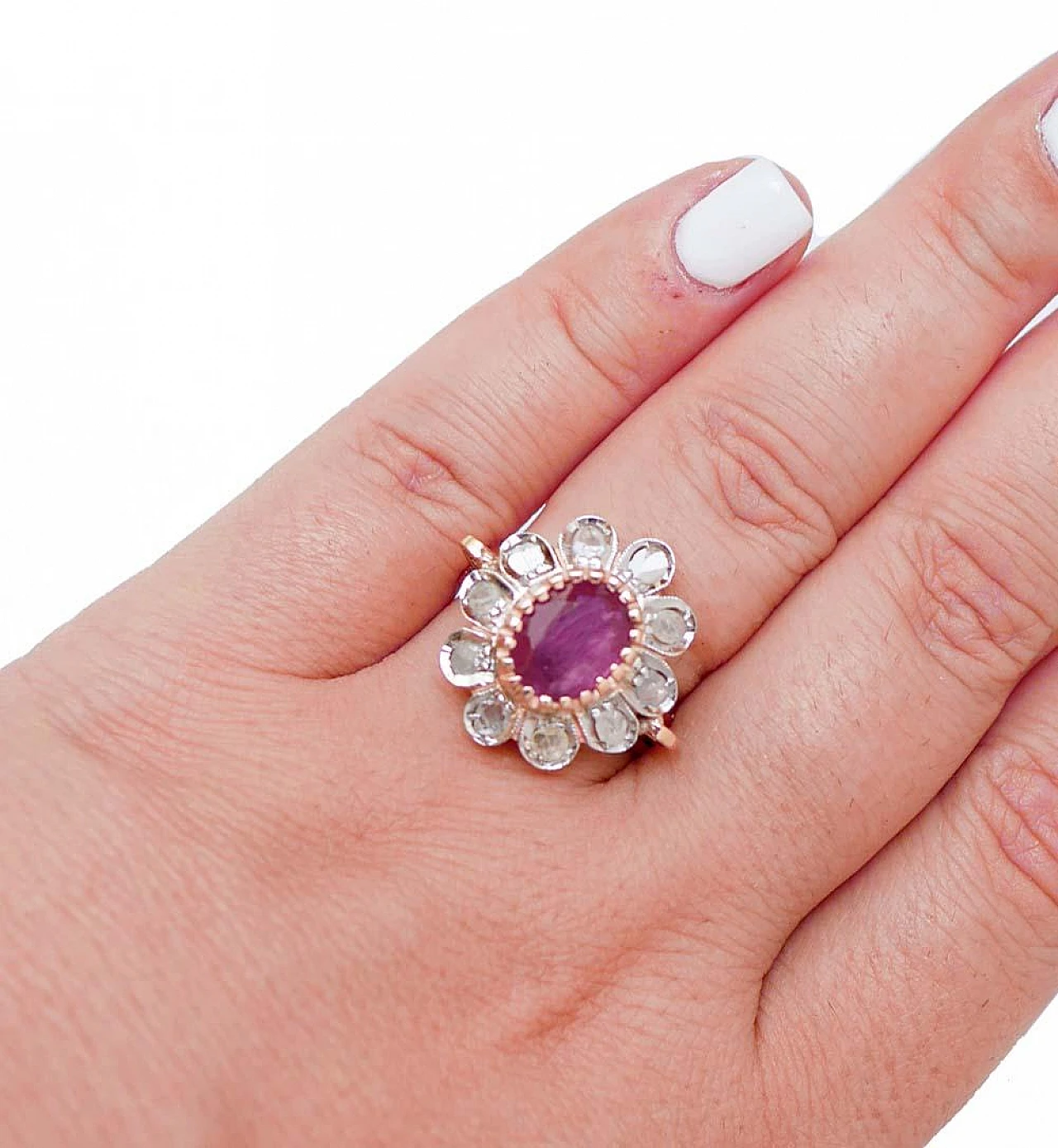 Ruby, Diamonds, Rose Gold and Silver Flower Ring, 60s 5