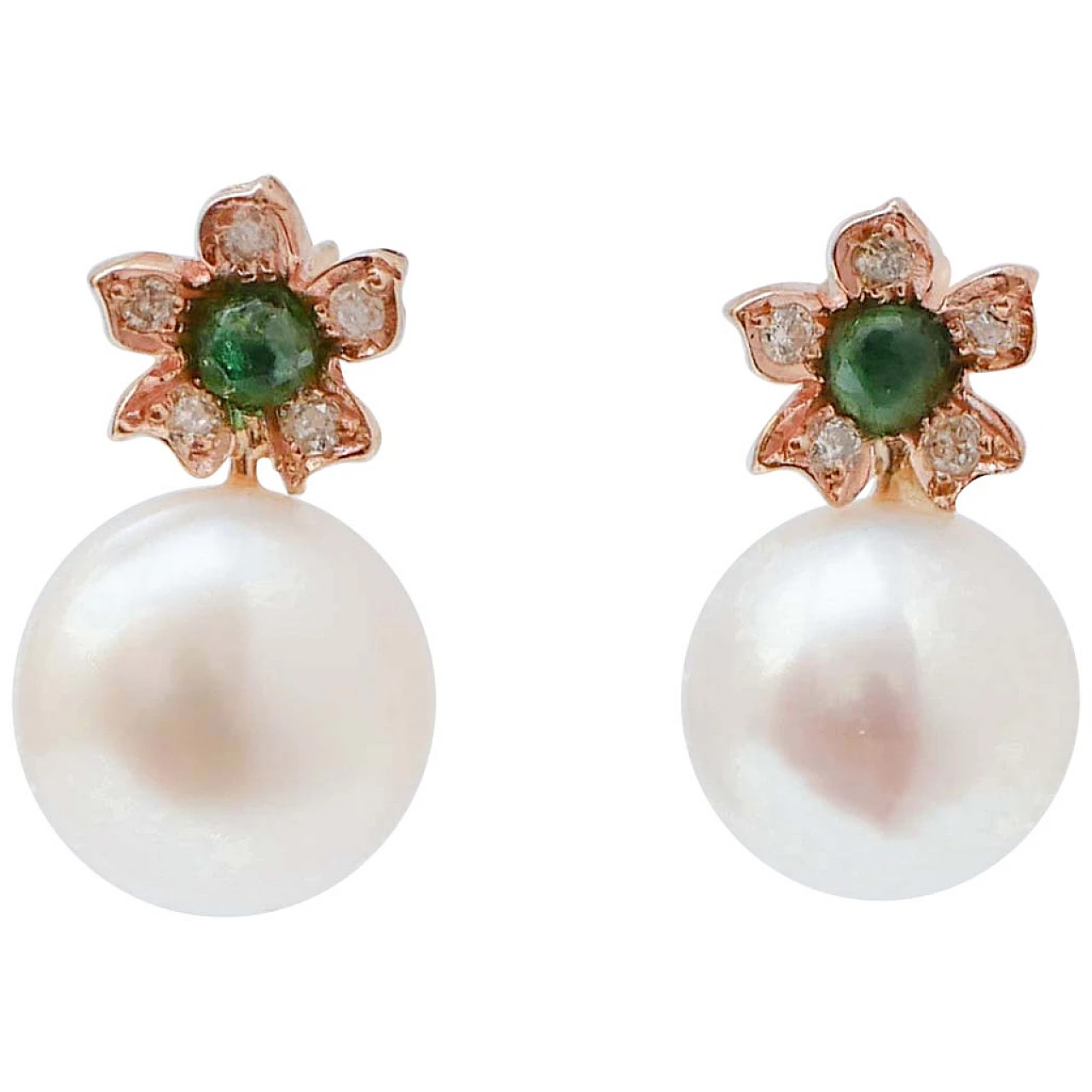 White Pearls, Emeralds, Diamonds, Rose Gold Flower Earrings 1