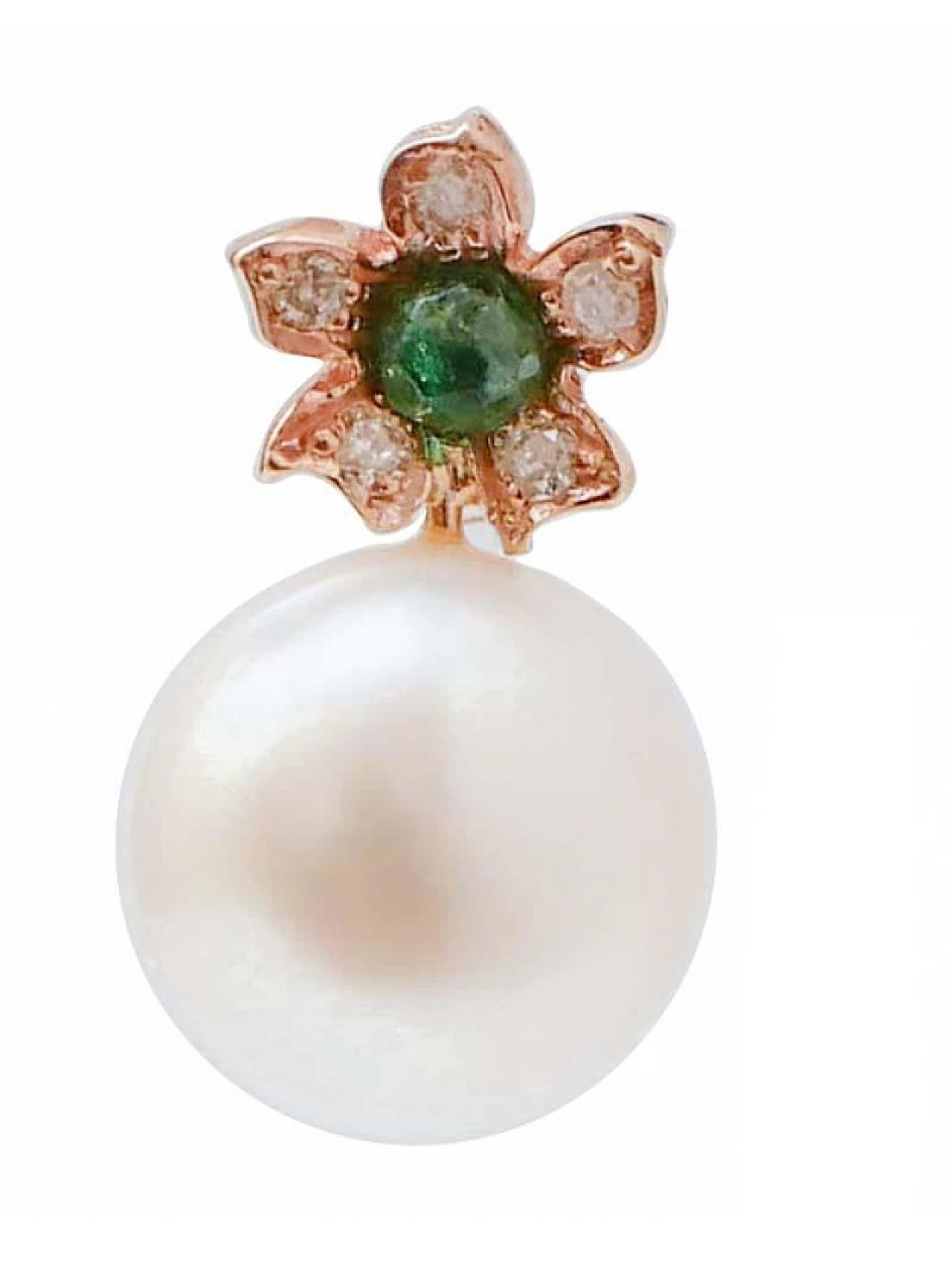 White Pearls, Emeralds, Diamonds, Rose Gold Flower Earrings 2