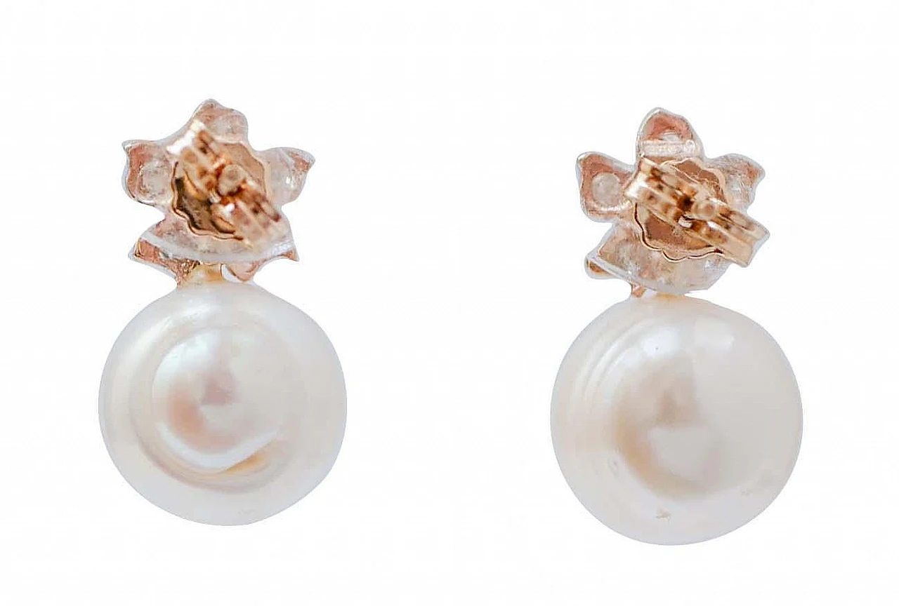 White Pearls, Emeralds, Diamonds, Rose Gold Flower Earrings 3