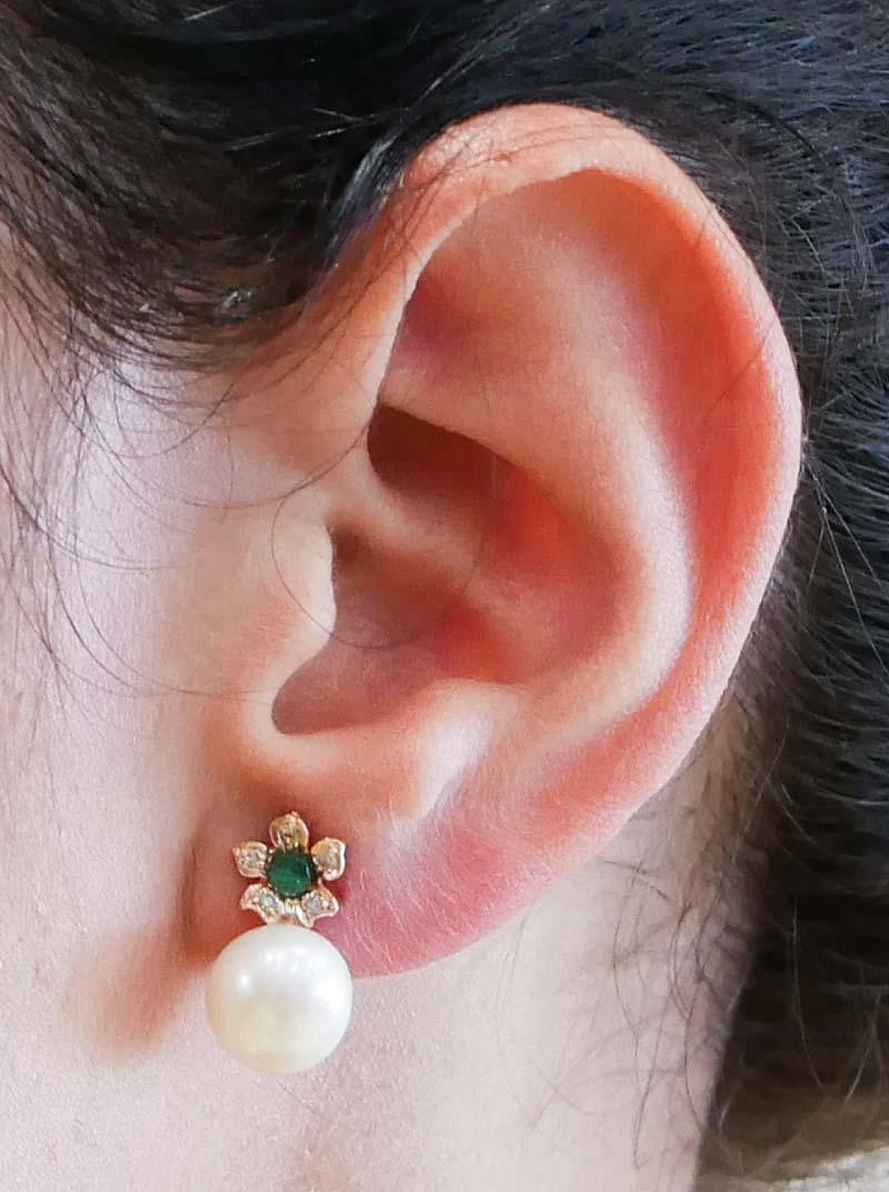 White Pearls, Emeralds, Diamonds, Rose Gold Flower Earrings 5