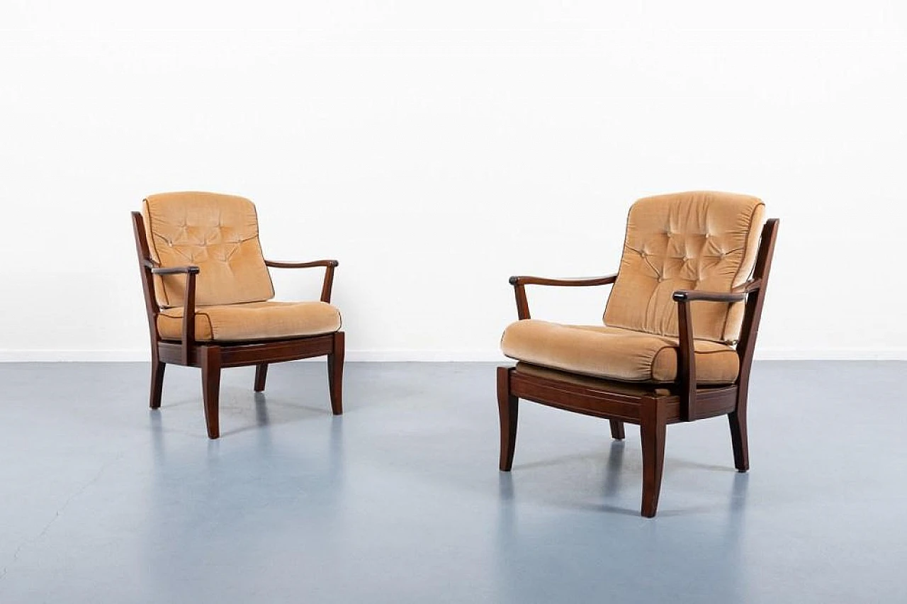 Pair of wood and velvet armchairs by Engens, 1970s 1