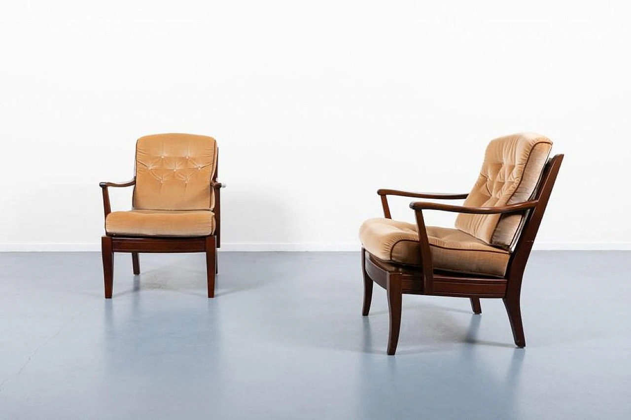 Pair of wood and velvet armchairs by Engens, 1970s 2