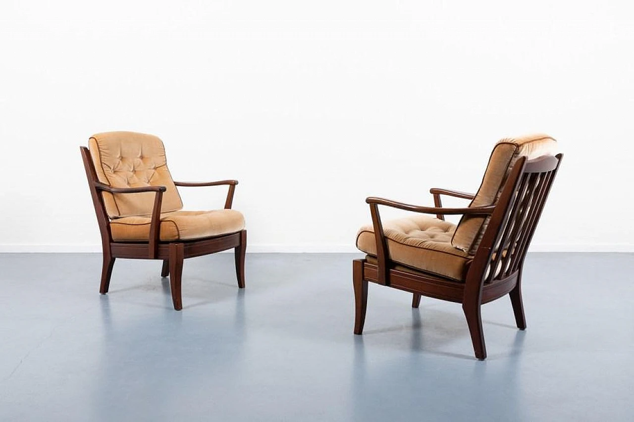 Pair of wood and velvet armchairs by Engens, 1970s 4