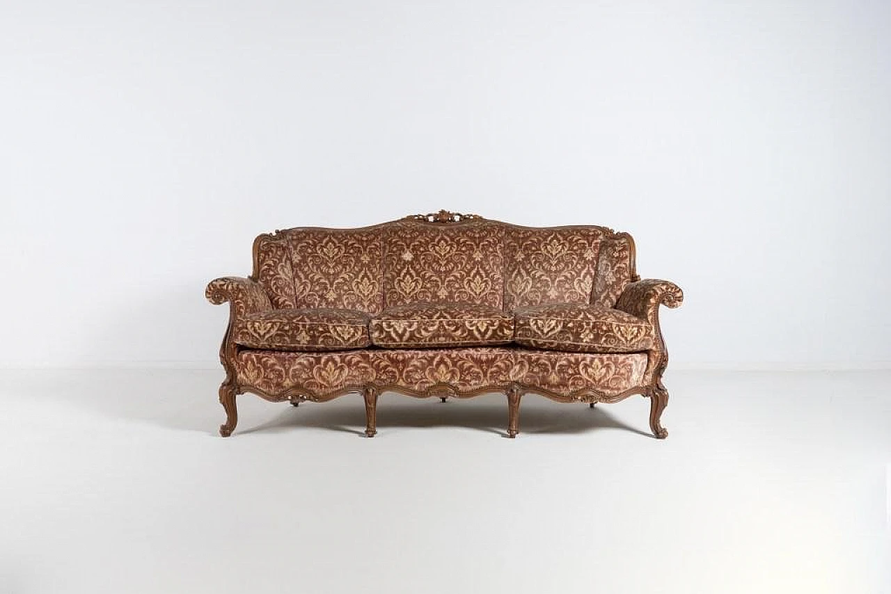 Italian Modern Carved Walnut and Velvet Sofa, 1950s 1