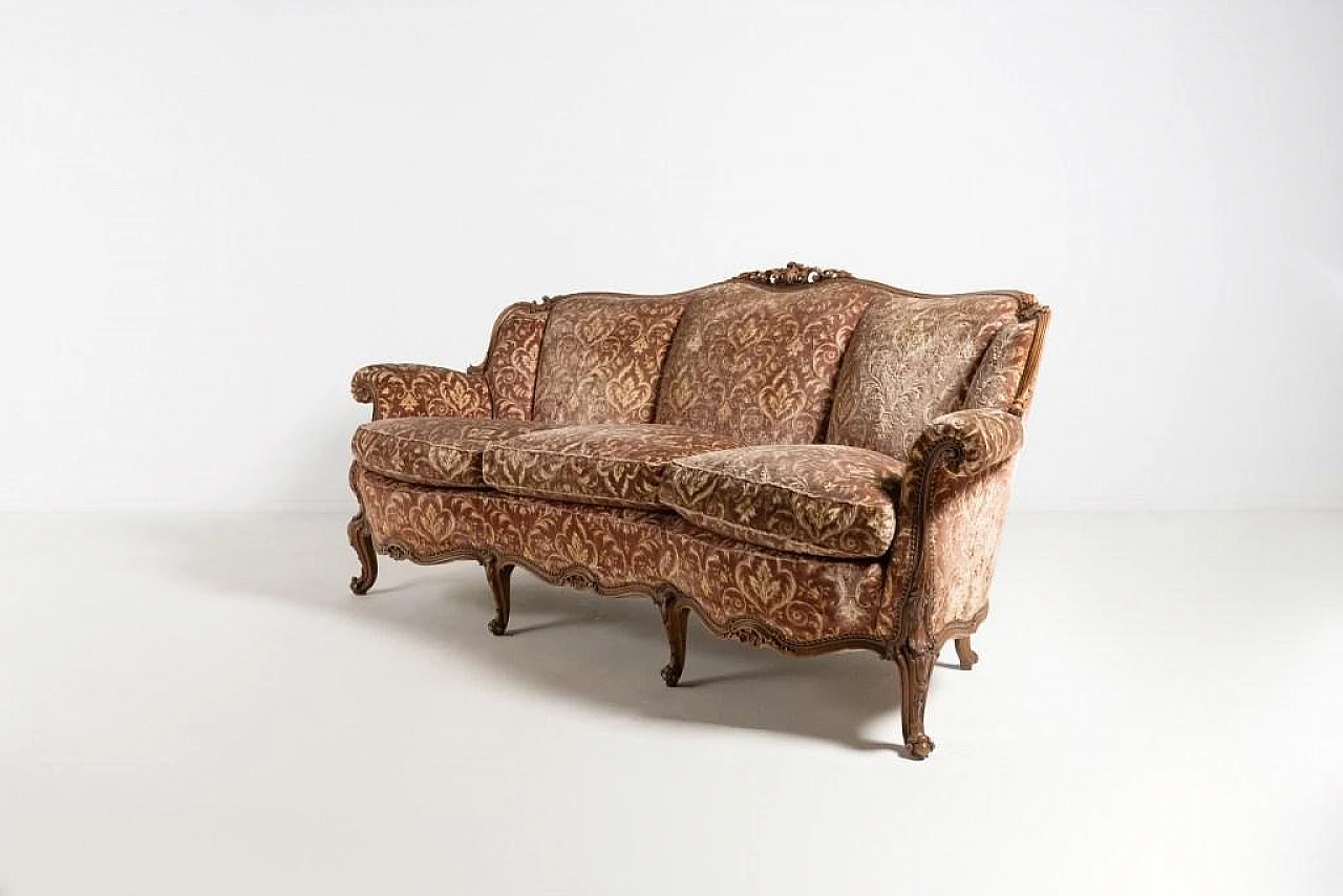 Italian Modern Carved Walnut and Velvet Sofa, 1950s 2