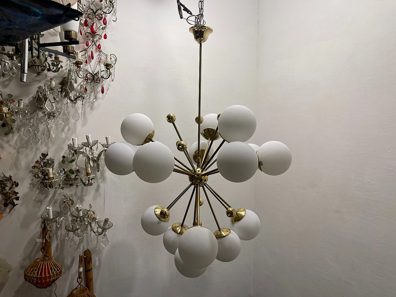 16-Lights Sputnik brass & glass chandelier, 1980s 2