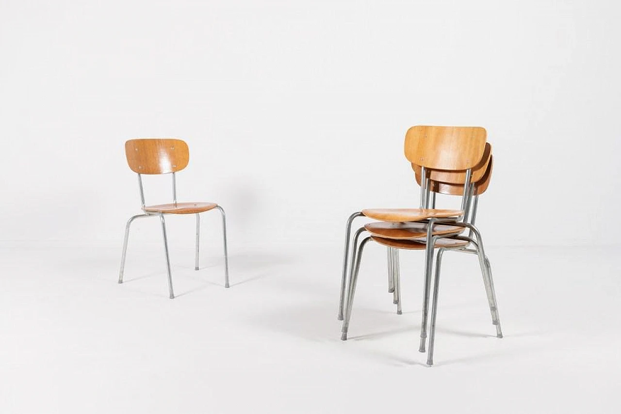 4 School chairs in aluminum and wood, 1960s 7