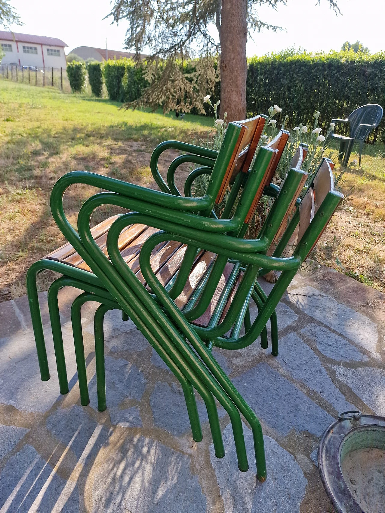 Set of 4 iron and wood bistro chairs from the 1950s 3