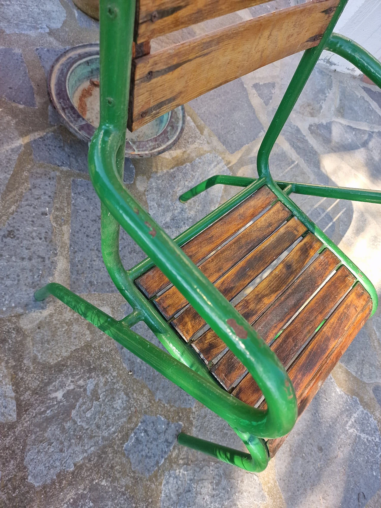 Set of 4 iron and wood bistro chairs from the 1950s 12