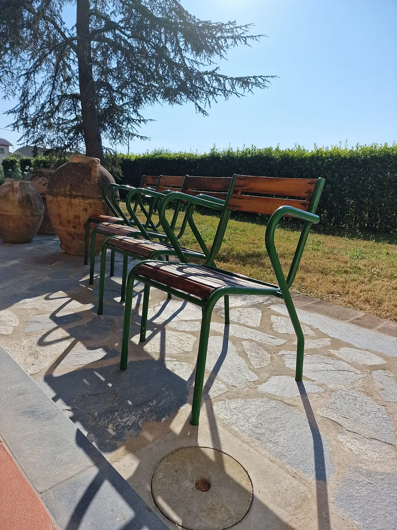 Set of 4 iron and wood bistro chairs from the 1950s 14