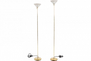 Italian Golden Floor Lamps with Glass Shade, 1970s, Set of 2