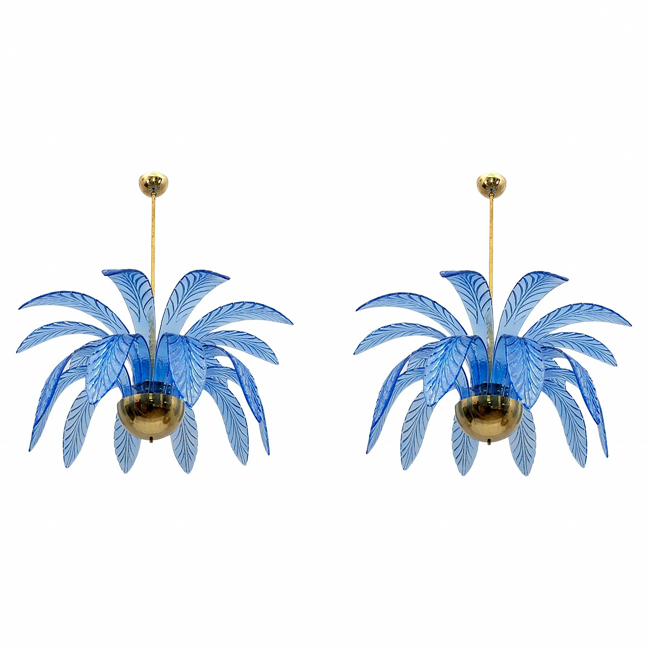 Pair of Mid-Century Modern Palm Leaves Chandelier Murano Glass and Brass, 1970s 1