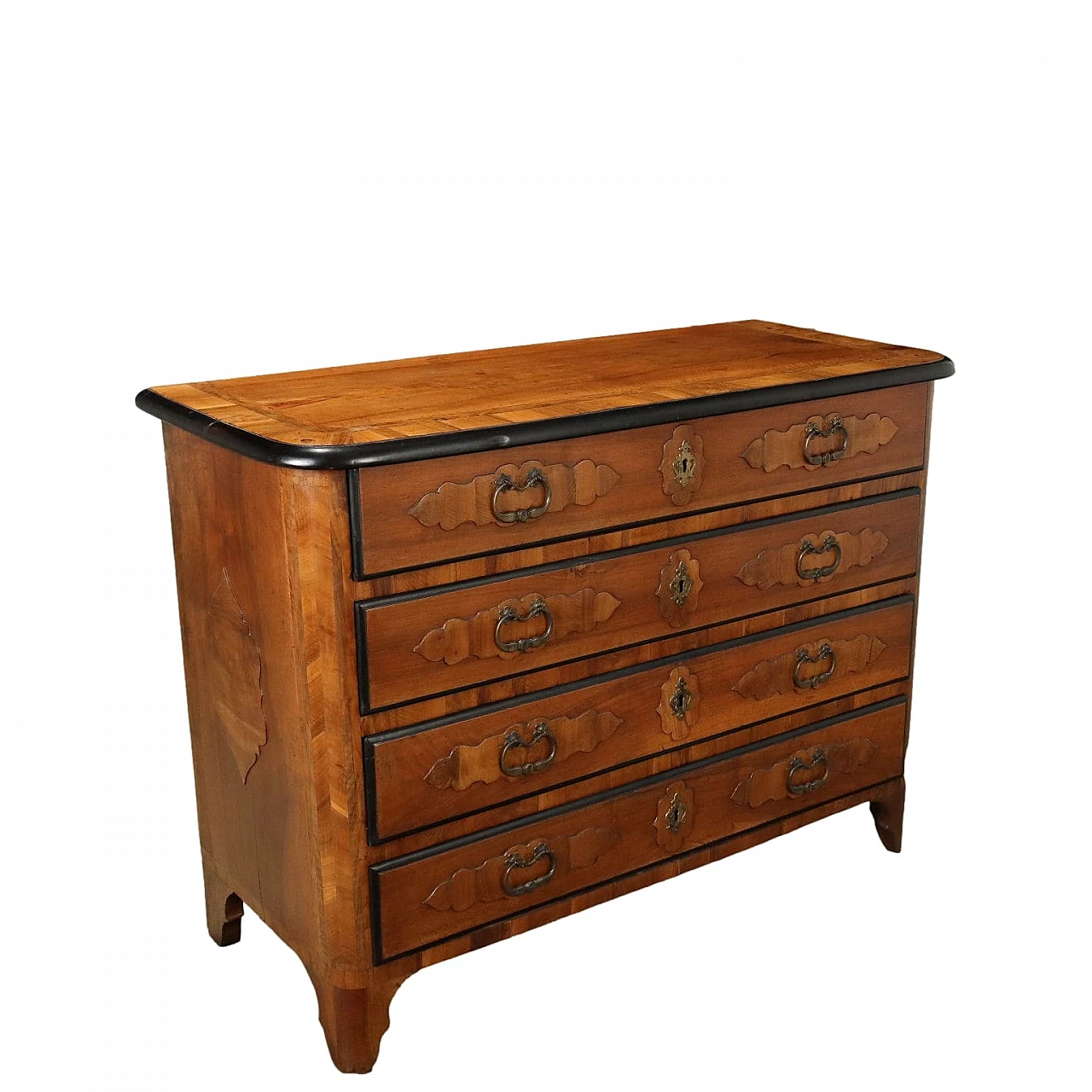 Baroque walnut dresser with rounded uprights and feet, 18th century 1