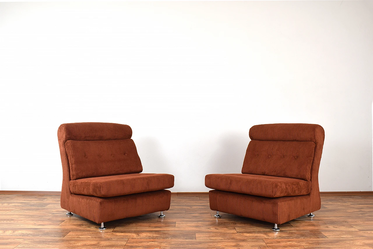 Pair of modular armchairs in brown courdroy & metal, 1970s 1