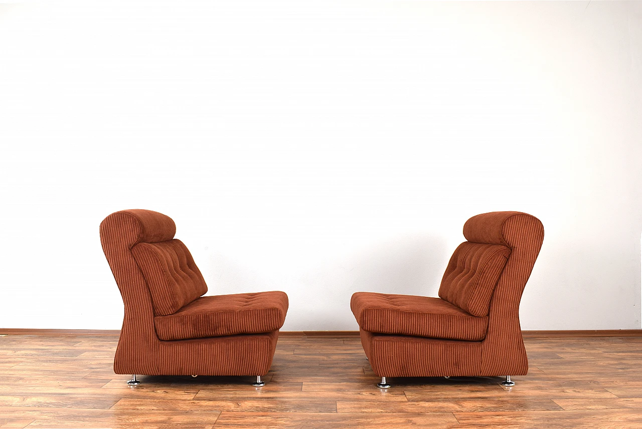 Pair of modular armchairs in brown courdroy & metal, 1970s 3