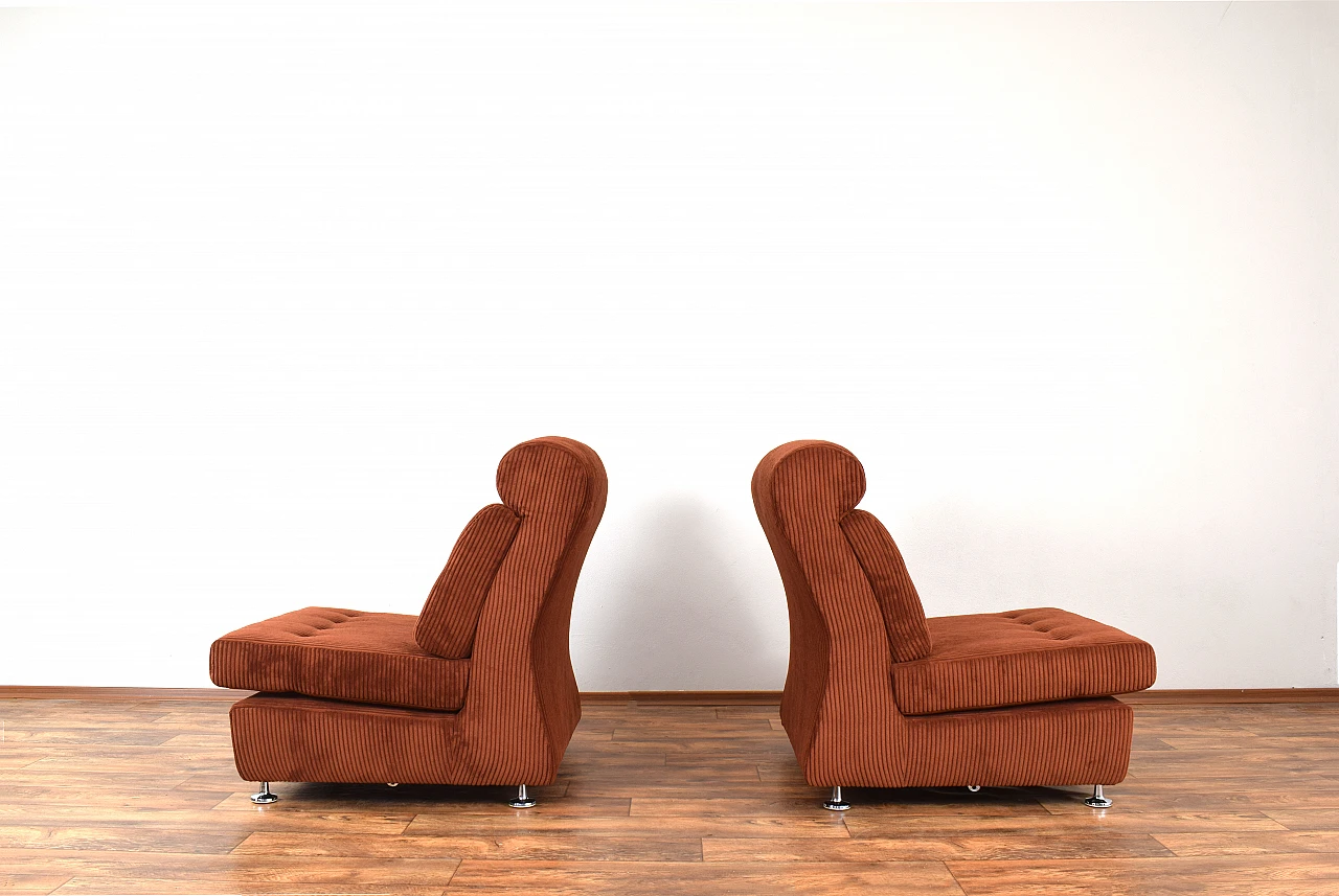 Pair of modular armchairs in brown courdroy & metal, 1970s 4