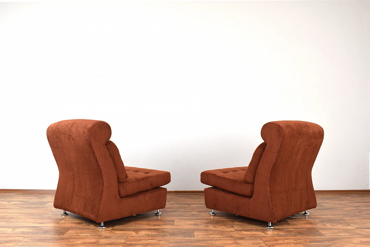 Pair of modular armchairs in brown courdroy & metal, 1970s 5