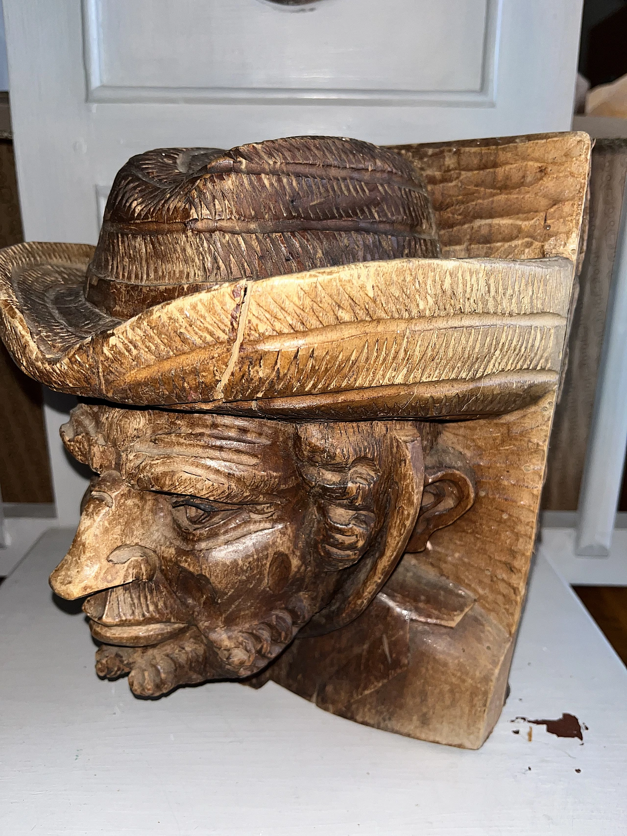 Elderly man with hat, hand carved wooden sculpture 2