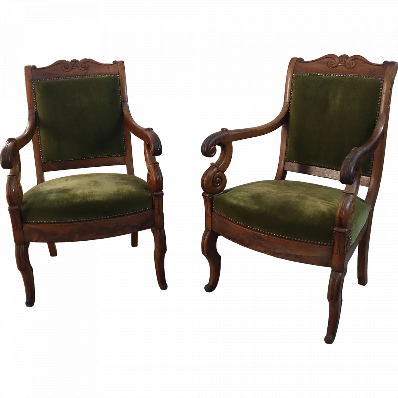 Pair of walnut armchairs with green fabric, 19th century 7