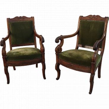 Pair of walnut armchairs with green fabric, 19th century